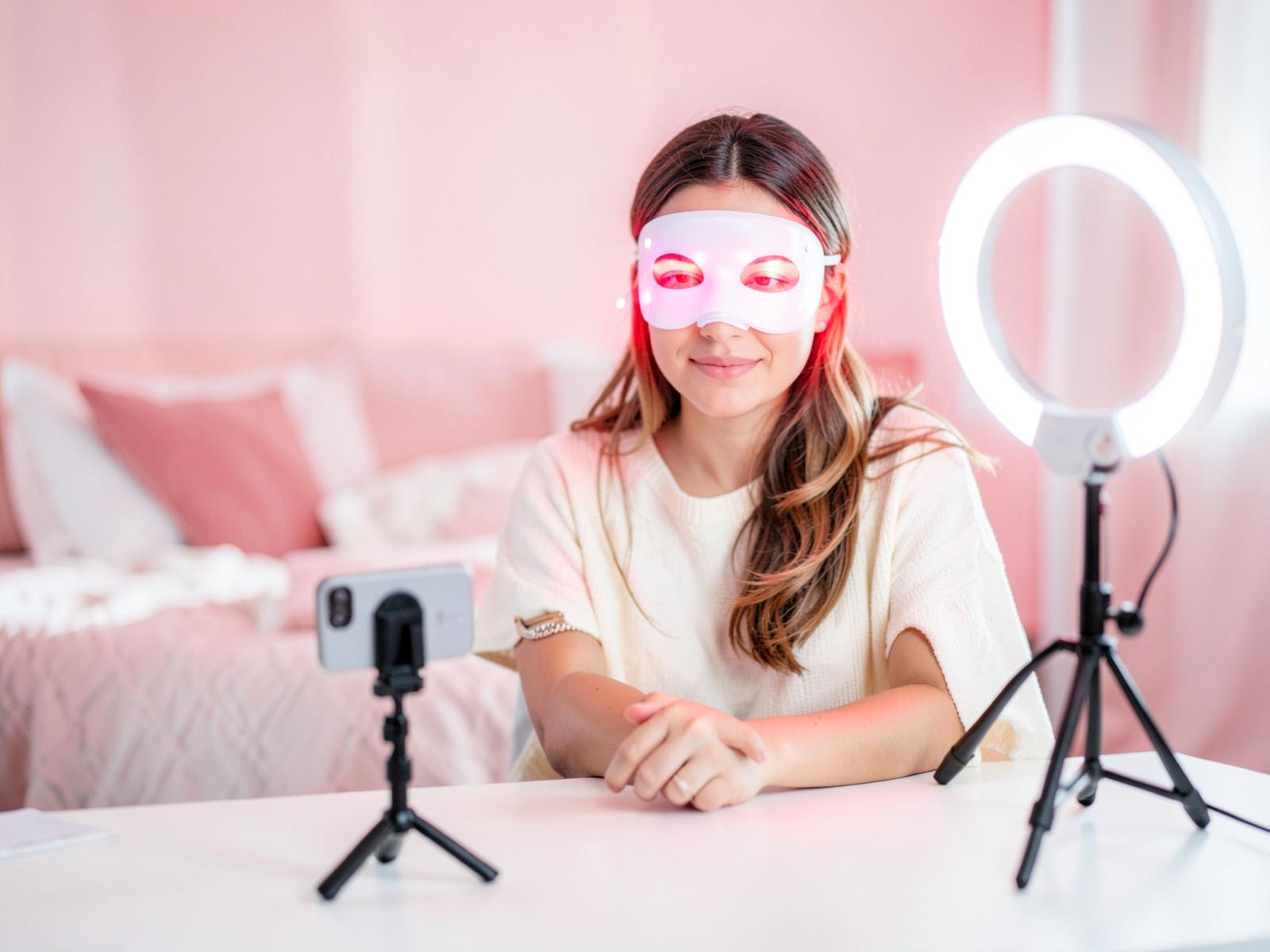 Creator filming a short product demo with a phone tripod and ring light